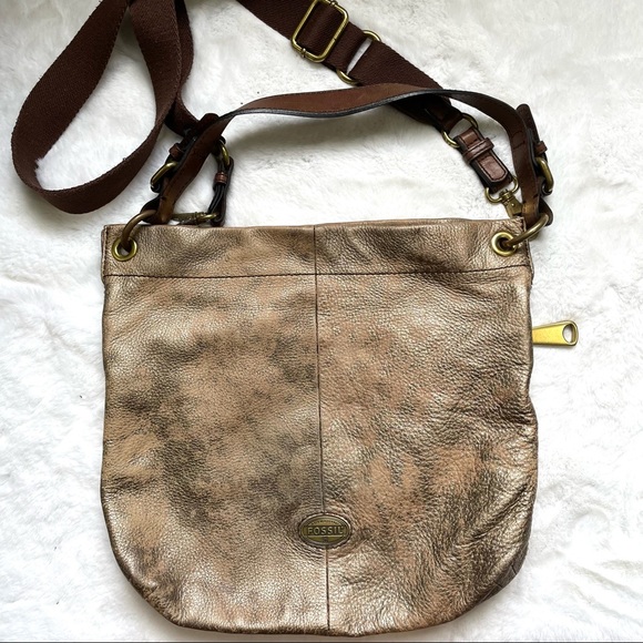 Fossil Handbags - Fossil Brushed Gold Brown Metallic Hobo Crossbody Bag